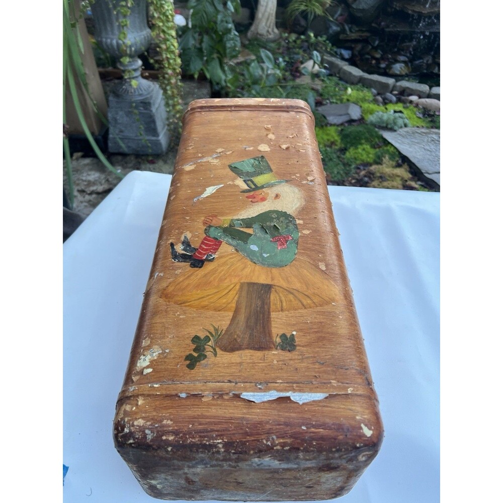 1940s Vintage Metal Umbrella Stand Leprechaun Folk Art Faux Wood 22”